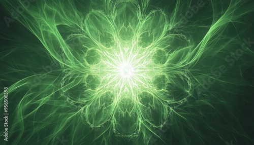 Abstract line art illustration featuring a green background with a fractal explosion star enhanced by glossy effects and intricate lines