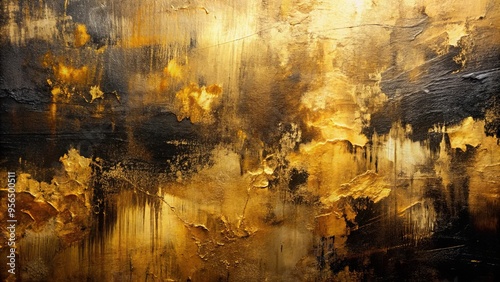 Abstract gold and black art painting with rough texture and oil acrylic brushstrokes