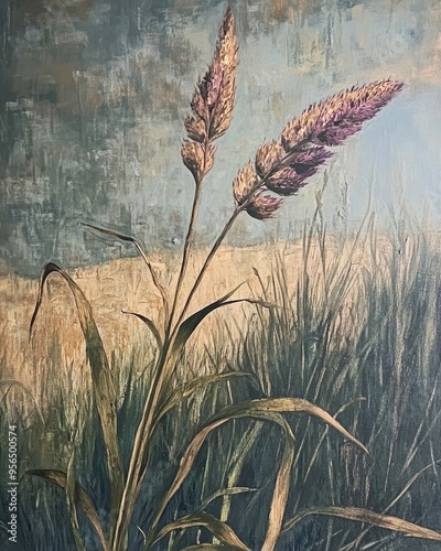 Oil painting depicting a swollen finger grass weed showcasing its unique features and natural beauty photo