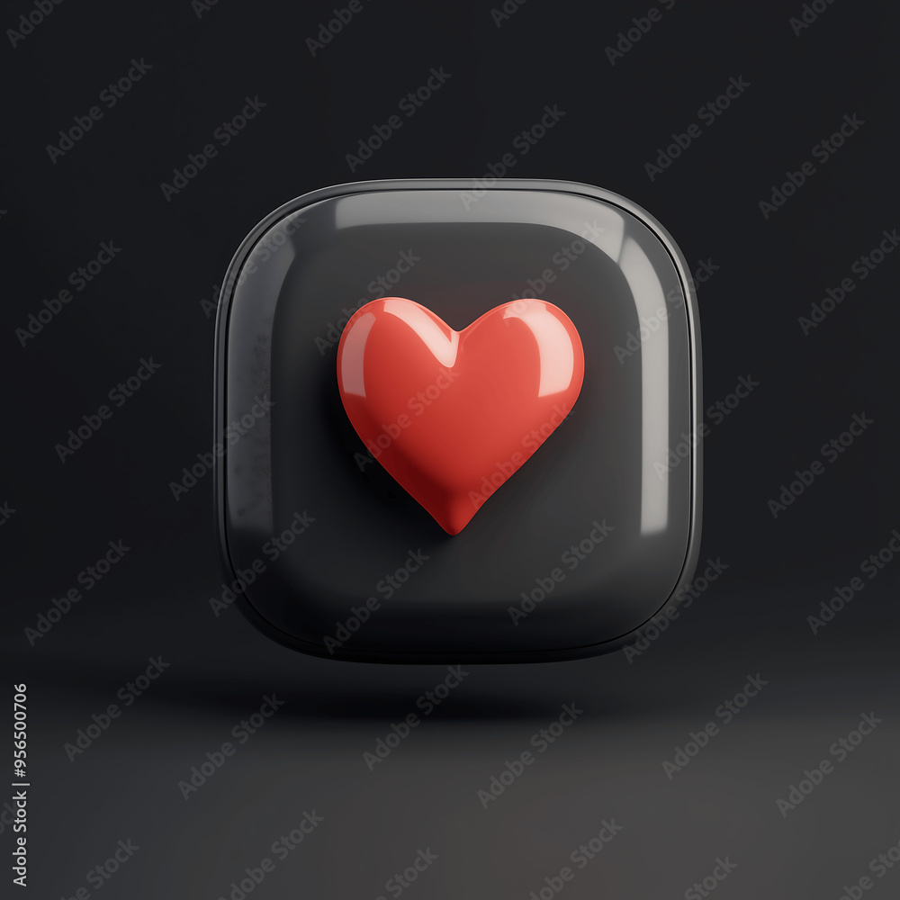 Minimalistic 3D Icon of a Red Heart on a Glossy Black Square Button Symbolizing Love and Affection Minimalistic 3D Icon of a Red Heart on a Glossy Black Square Button Symbolizing Love and Affection