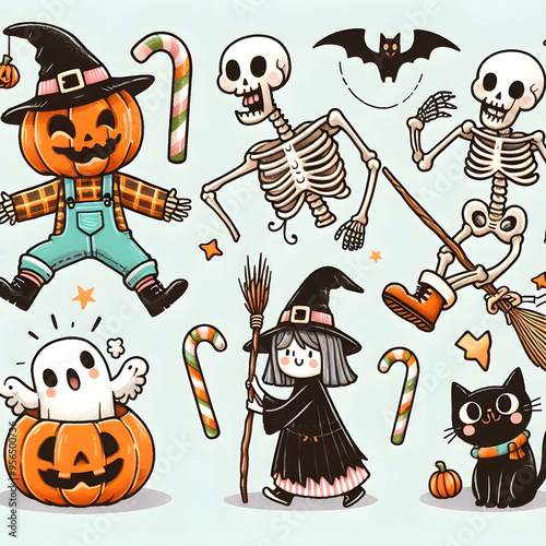 A digital illustration featuring a group of cute and spooky Halloween characters including a pumpkin, ghost, witch, and skeleton.