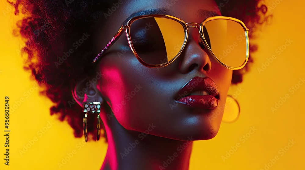 Close up portrait of a woman in sunglasses with a yellow background and pink and blue lighting. Close up portrait of a woman in sunglasses with a yellow background and pink and blue lighting.