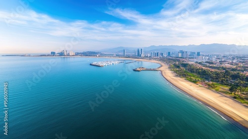 an aerial view of a coastal city, where urban sprawl meets the ocean, with sandy beaches, docks, and a harbor filled with boats