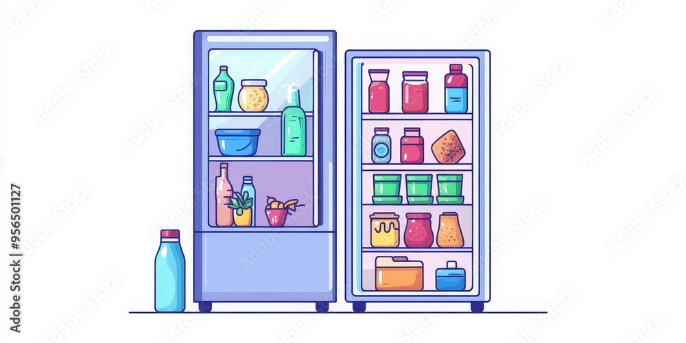 Fototapeta premium Two refrigerators filled with various foods and drinks.