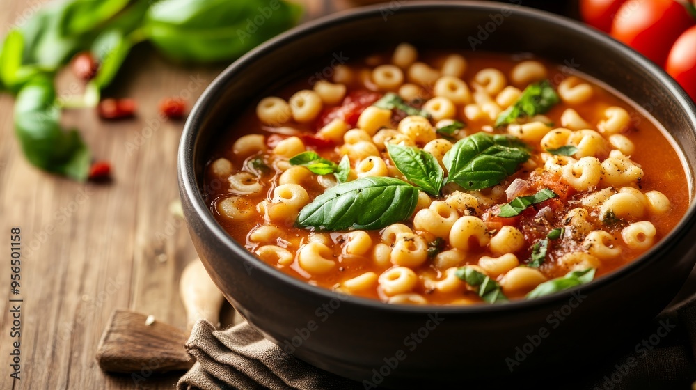 Bowl with tomato soup with macaroni and basil Bowl with tomato soup with macaroni and basil