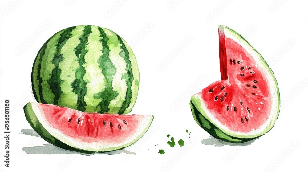 Watercolor illustrations featuring whole and sliced watermelon Watercolor illustrations featuring whole and sliced watermelon