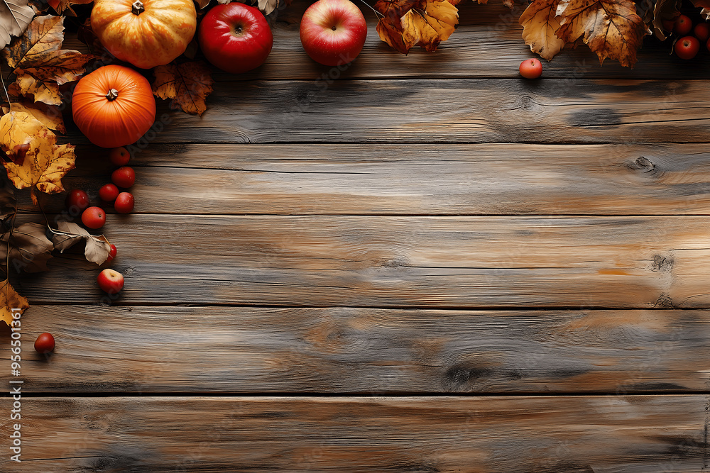 Rustic Autumn Still Life with Pumpkins, Apples, and Leaves on a Wooden Table, Creating a Cozy Fall Atmosphere, Copy Space