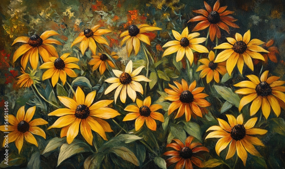 Oil painting of Rudbeckia commonly known as coneflowers and black eyed Susans featuring native species cultivated for their vibrant yellow or gold blooms in gardens