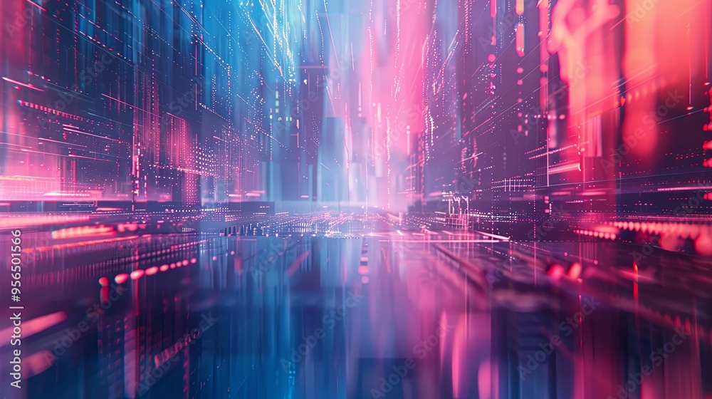 Abstract Futuristic Cityscape with Neon Lights and Digital Glitch Abstract Futuristic Cityscape with Neon Lights and Digital Glitch