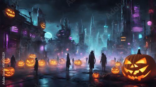 A dark and mysterious Halloween cityscape with glowing jack-o'-lanterns leading the way. Perfect for creating Halloween-themed designs, party invitations, and social media graphics.