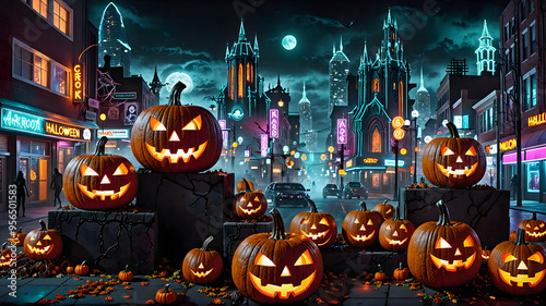 A dark and mysterious Halloween cityscape with glowing jack-o'-lanterns