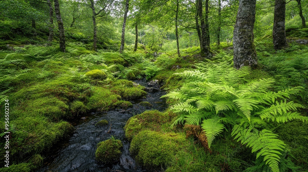 Ferns growing in a shaded woodland glen, with moss-covered rocks and a serene, tranquil atmosphere