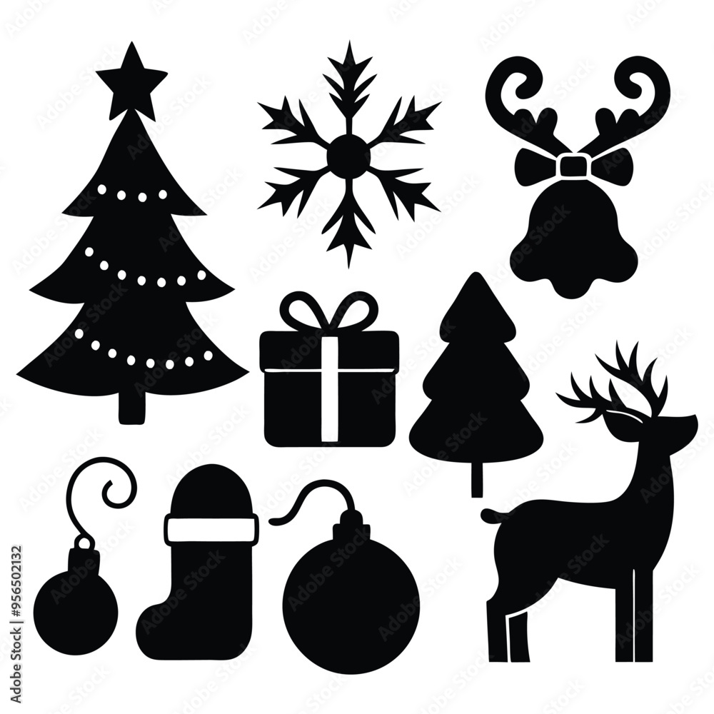 Naklejka premium Festive Christmas Silhouette Clipart Set featuring holiday icons like trees, snowflakes, and Santa. Perfect for cards, decorations, and creative projects.