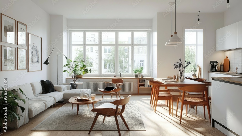 Modern living room and kitchen with white walls, large windows, and wooden furniture. Modern living room and kitchen with white walls, large windows, and wooden furniture.