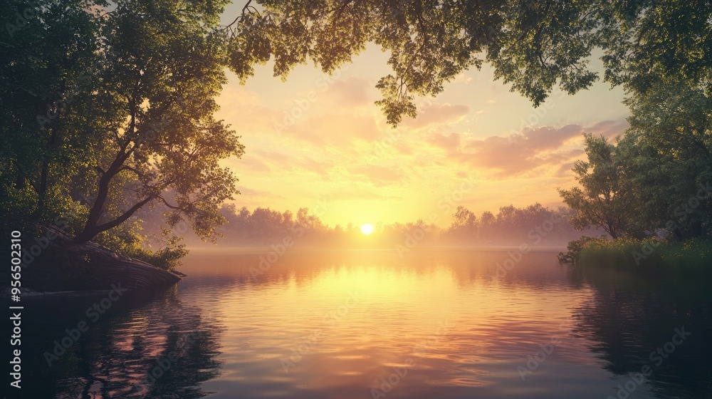 A serene landscape with a tranquil lake reflecting the golden hues of a breathtaking sunset. A serene landscape with a tranquil lake reflecting the golden hues of a breathtaking sunset.