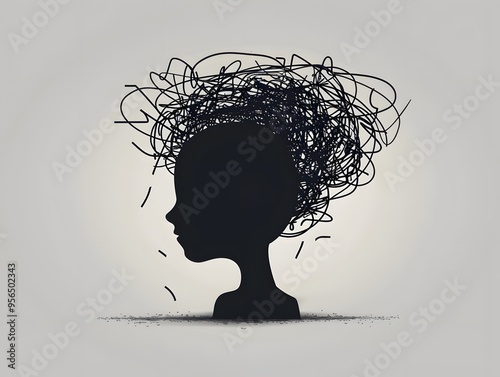 A silhouette of a person's head with a chaotic swirl of lines around it, representing stress, anxiety, or overwhelm. photo