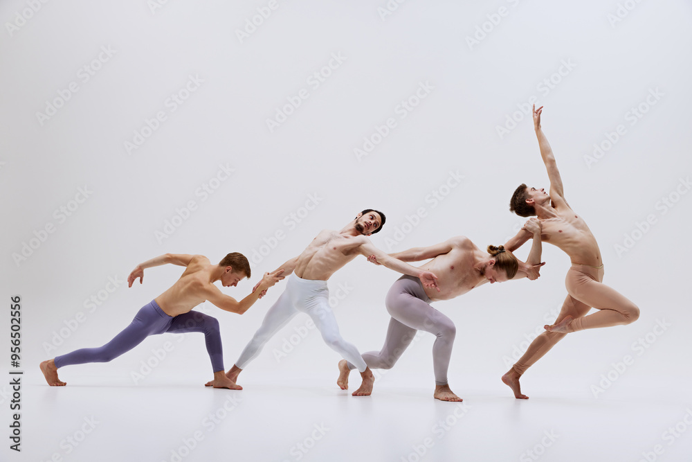 Obraz premium Dancers move in graceful sequence, emphasizing fluidity and connection as they stretch and reach towards each other, forming cohesive unit. Concept of music and dance, modern and classical art.