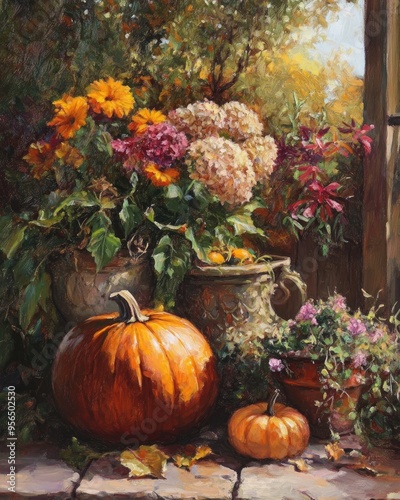 Beautiful garden scene featuring an oil painting of a pumpkin plant and flower arrangement photo