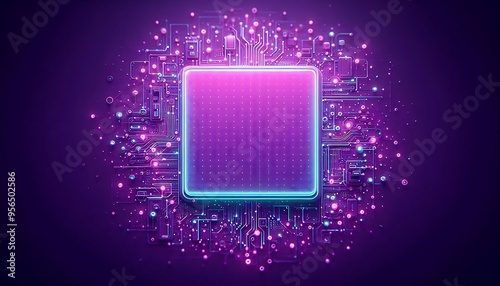 A purple square with a glowing center surrounded by a purple background. The square is filled with a variety of electronic components, giving the impression of a futuristic or high-tech environment