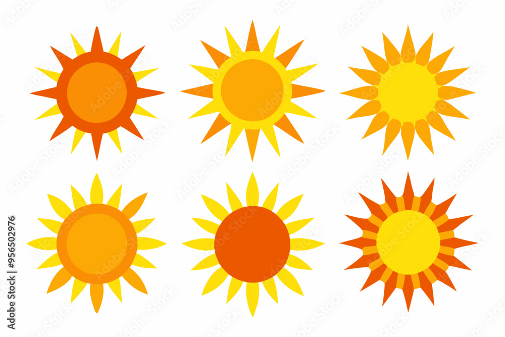 Sun icon set. Yellow sun star vector clip art collection. Summer, sunlight, sky. Vector illustration
Sun icon set. Yellow sun star vector clip art collection. Summer, sunlight, sky. Vector illustration