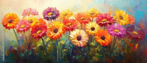 Vibrant oil painting of cheerful gerbera flowers basking in sunlight showcasing a variety of colors