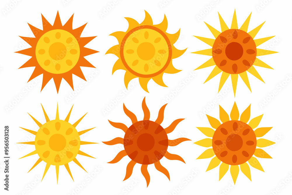 Sun icon set. Yellow sun star vector clip art collection. Summer, sunlight, sky. Vector illustration
Sun icon set. Yellow sun star vector clip art collection. Summer, sunlight, sky. Vector illustration