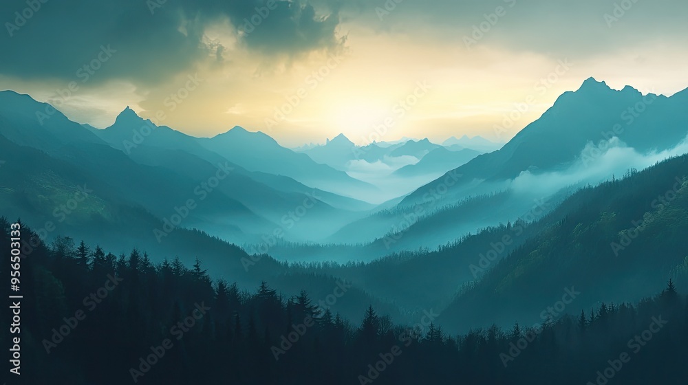Obraz premium A breathtaking view of a misty mountain range at sunrise. The soft light of the sun illuminates the peaks, creating a sense of peace and tranquility.