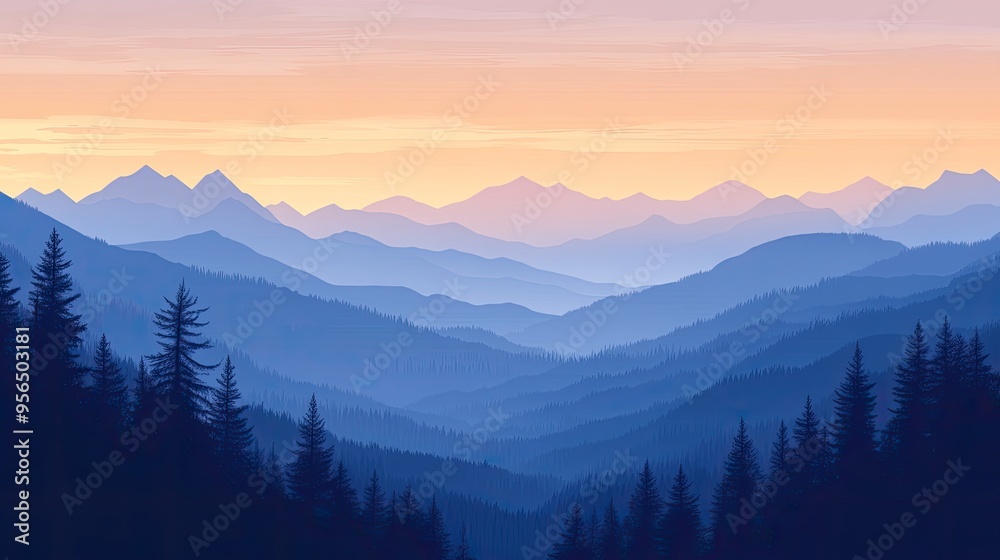 A panoramic view of layered mountains at sunset, with a soft, hazy sky and silhouettes of pine trees. A panoramic view of layered mountains at sunset, with a soft, hazy sky and silhouettes of pine trees.