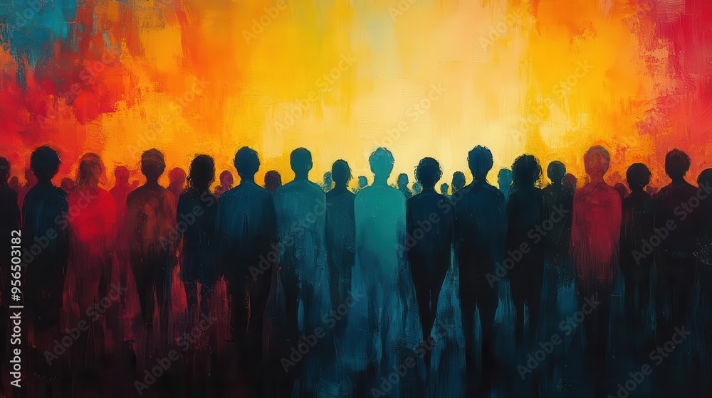 abstract digital illustration of a diverse crowd overlapping silhouettes in vibrant colors creating a sense of unity movement and social connection abstract digital illustration of a diverse crowd overlapping silhouettes in vibrant colors creating a sense of unity movement and social connection