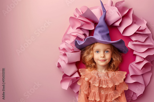 A child dressed in a whimsical purple witch hat poses happily against a pink backdrop, showcasing the festive spirit of Halloween with a playful attitude and delightful style