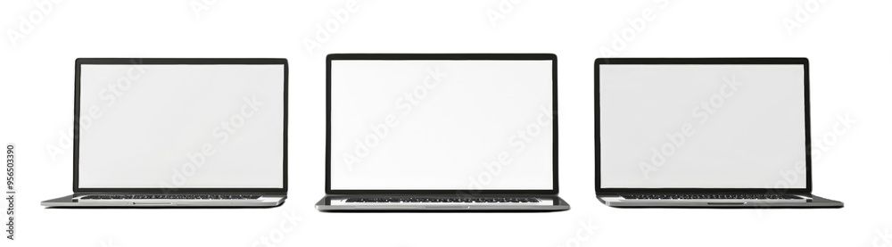 Three laptops are shown side by side, all with their screens blank