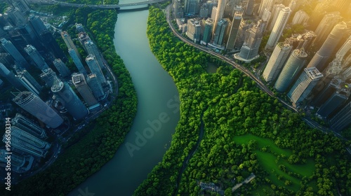 an aerial view of a winding river cutting through a modern city, with bridges connecting different districts and lush green parks along the riverbanks