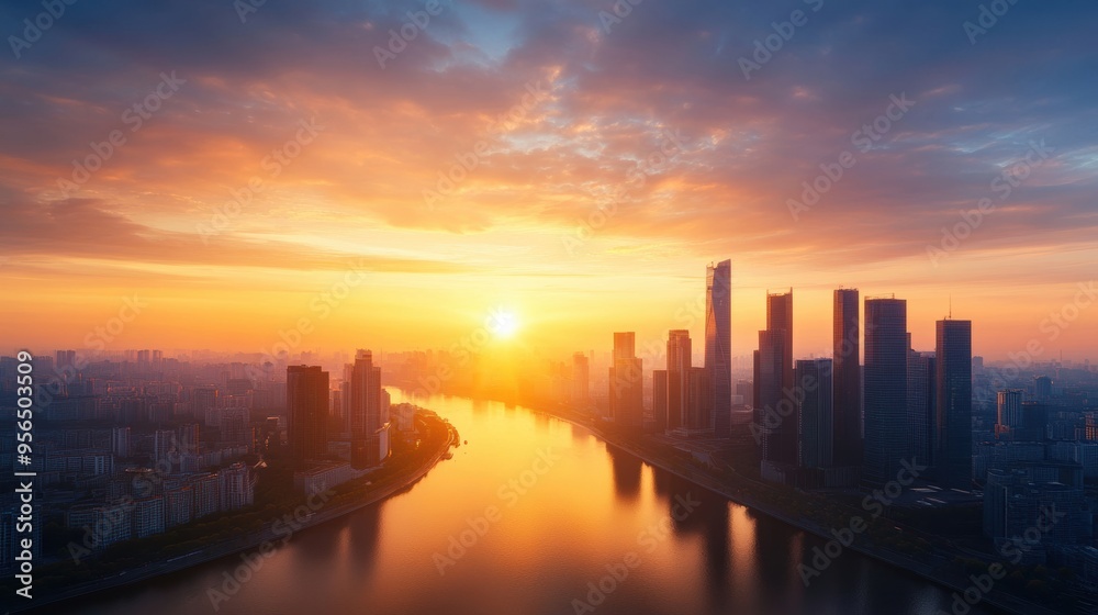 Fototapeta premium an epic city skyline at sunrise, with skyscrapers reflecting the warm light and a river flowing through the urban landscape, a breathtaking view