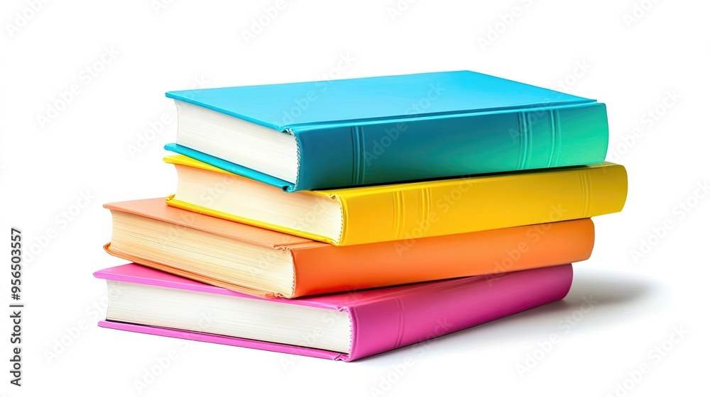 A stack of four colorful books, each with a different vibrant hue, sits on a white background. A stack of four colorful books, each with a different vibrant hue, sits on a white background.