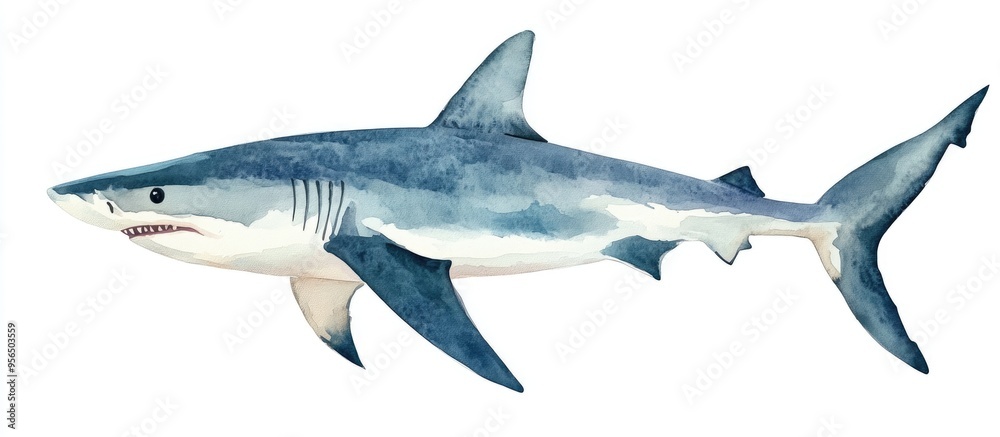 Fototapeta premium Watercolor shark on a white backdrop Artistic shark sketch Charming illustration for children Artwork isolated on white for design print or background use
