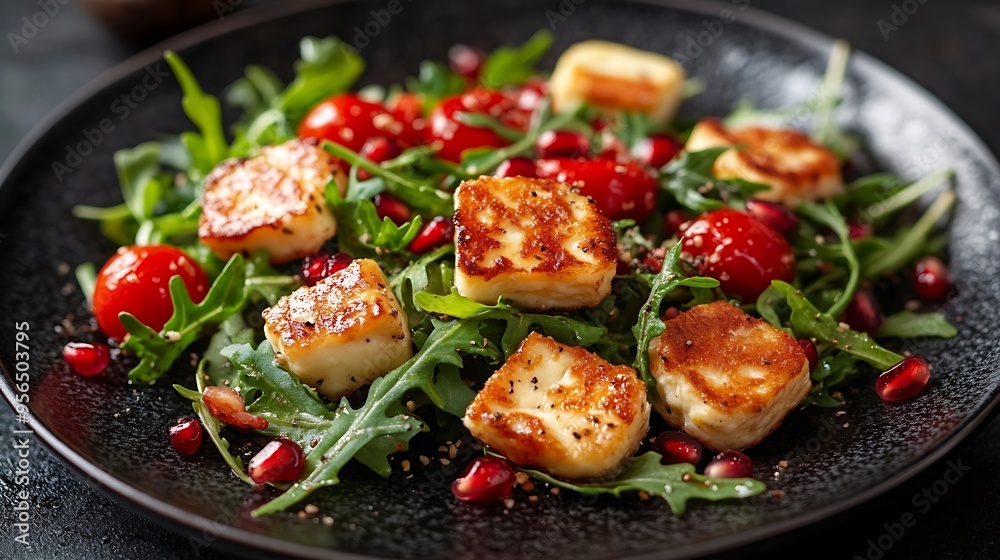Salad with fried Halloumi cheese cherry tomatoes arugula and pomegranate seeds healthy food vertical photo : Generative AI Salad with fried Halloumi cheese cherry tomatoes arugula and pomegranate seeds healthy food vertical photo : Generative AI