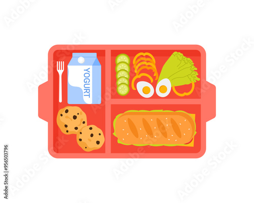 Red plastic tray with sandwich, cookie and yogurt, top view of lunch food plate vector illustration