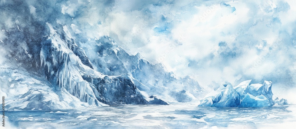 Fototapeta premium Watercolor illustration showcasing natural beauty with a white and blue sky rocky terrain and ice elements