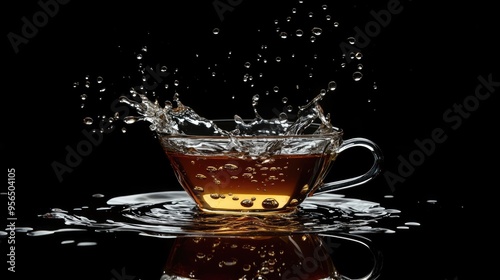 A glass cup of tea is splashed with water, creating a beautiful and abstract image.