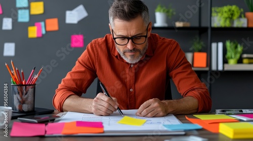 A focused man working at a desk, surrounded by colorful sticky notes, enhancing creativity and organization in a modern workspace.