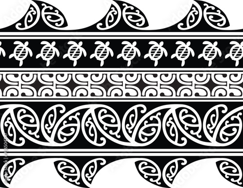 Polynesian pattern tribal tattoo border. Tribal tattoo geometric fore arm samoan band. Tattoo eps forearm samoan sleeve bracelet. Fabric seamless isolated hawaiian pattern on white background.