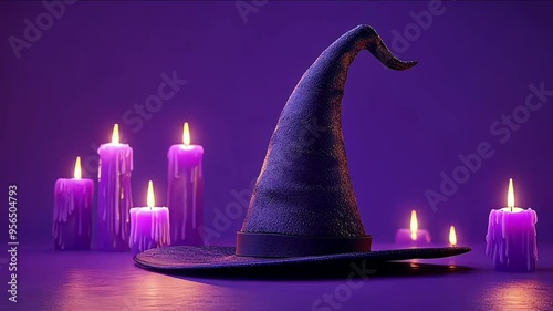 Witch hat candles with lit flames on a dark background, perfect for Halloween or spookythemed designs, witchcraft concepts photo