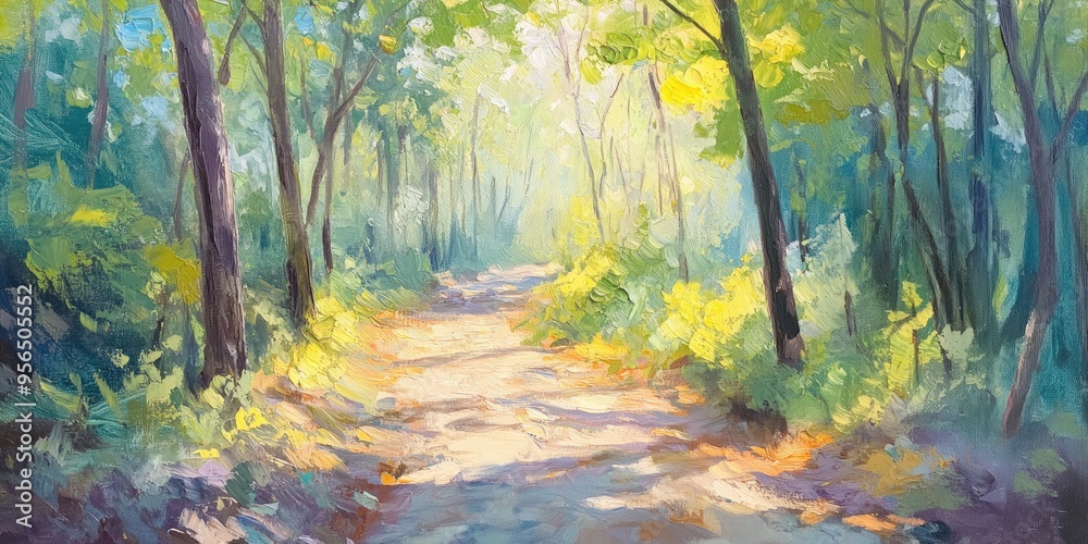 Oil painting depicting a hiking trail through a vibrant sunlit forest showcasing the beauty of nature along the pathway Oil painting depicting a hiking trail through a vibrant sunlit forest showcasing the beauty of nature along the pathway