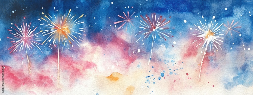 Fototapeta premium Watercolor postcard illustration capturing summer fireworks conveying sympathy for the heat