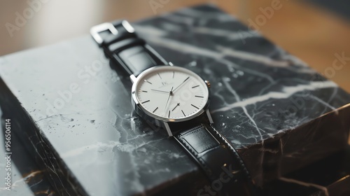 A simple, silver watch with a white face and a brown leather strap, sitting on a marble surface.