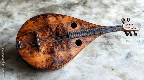 Lute pearshaped body detailed soundholes and rich wood tones photo