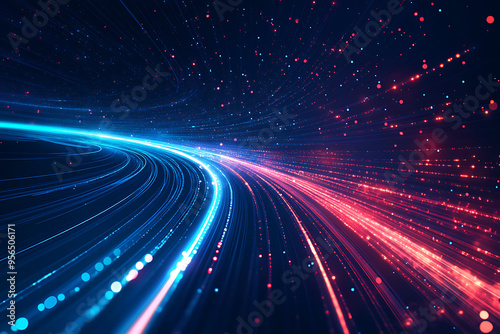 Dynamic abstract image of vibrant light trails and colorful particles converging towards a bright center, symbolizing speed and energy