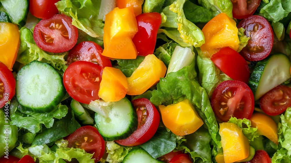 Close up of a fresh salad with tomatoes, cucumbers and bell peppers. Close up of a fresh salad with tomatoes, cucumbers and bell peppers.