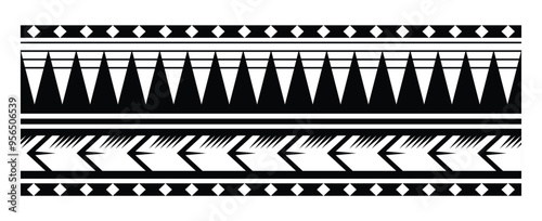 Polynesian pattern tribal tattoo border. Tribal tattoo geometric fore arm samoan band. Tattoo eps forearm samoan sleeve bracelet. Fabric seamless isolated hawaiian pattern on white background.
