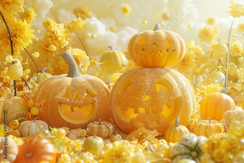 Halloween festival without text on Blue and White: A cool and chilling color combination featuring spooky pumpkins and an abstract backdrop photo